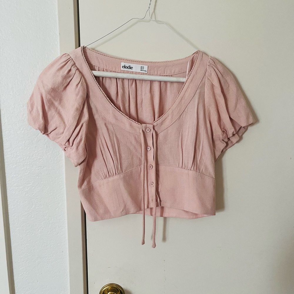 Elodie Dusty Rose Puff-Sleeve Crop Top with Front Buttons